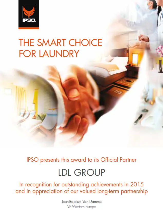 IPSO-awardcertificaat voor LDL Group met handdruk en tekst over erkenning in 2015