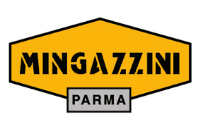 Geel zeshoekig Mingazzini-logo met zwarte tekst en grijs vakje met Parma eronder